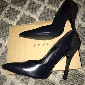 Zara Leather Navy Blue Heels Size 7.5 w Box